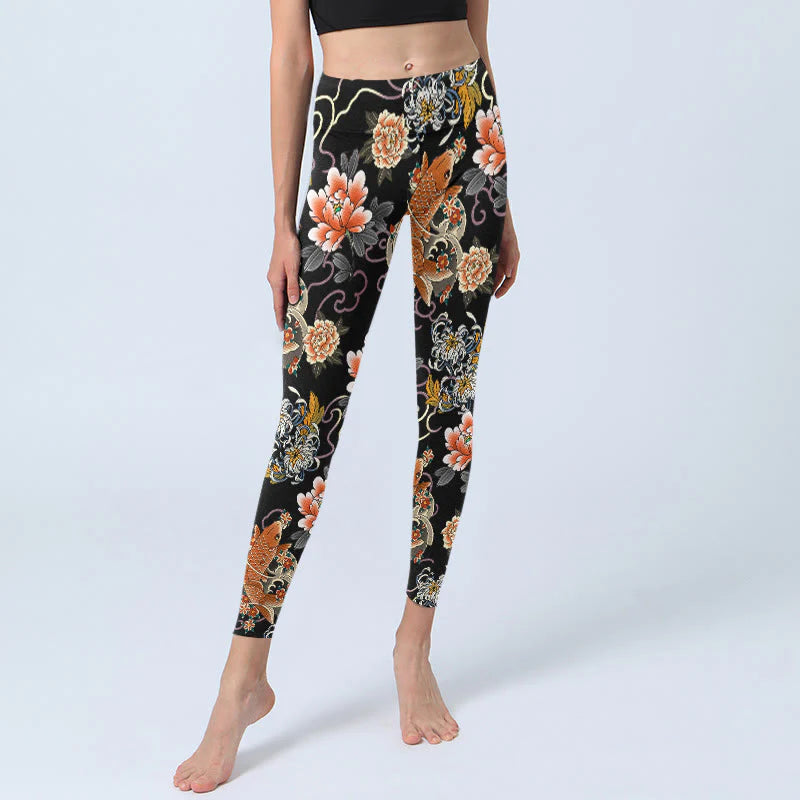 Buddha Stones Koi Fish Peony Chrysanthemum Clouds Pattern Print Gym Leggings Women's Yoga Pants