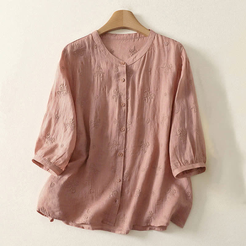Buddha Stones Retro Embroidered Floral Short Sleeve Women's Buttons Shirt