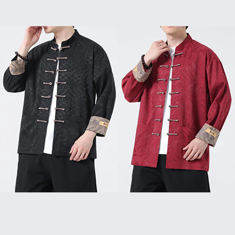 Buddha Stones Frog-Button Mountain Wave Pattern Long Sleeve Men's Cotton Jacket With Pockets
