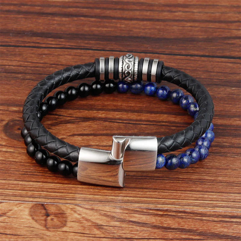 Buddha Stones Black Onyx Lazurite Lapis Lazuli Titanium Steel Fortune Calm Leather Bracelet