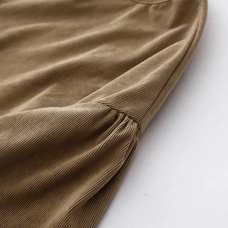 Buddha Stones Tan Solid Color Corduroy Puff Long Sleeve Midi Dress