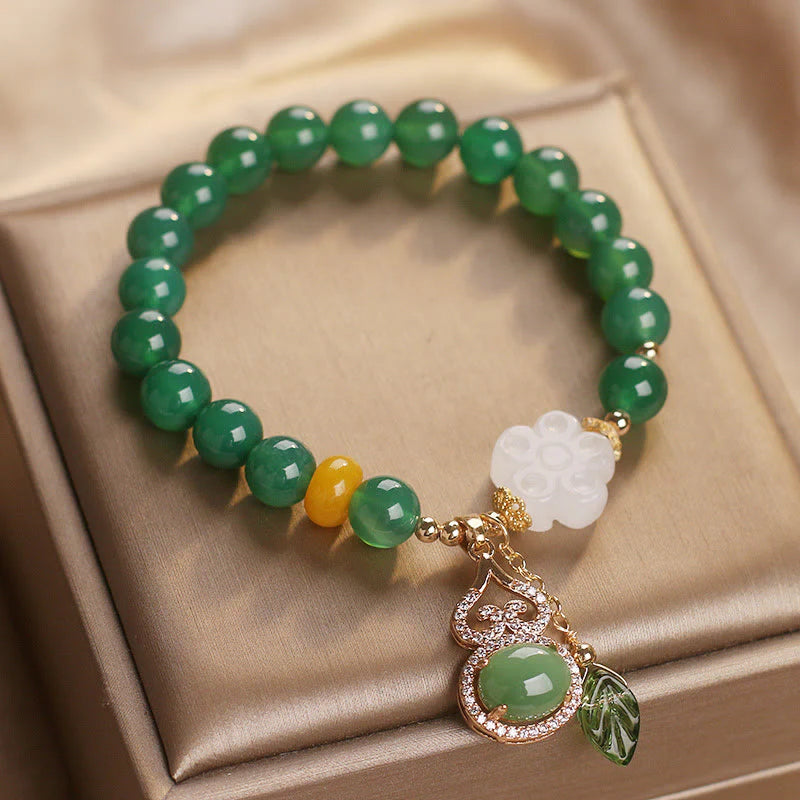 Buddha Stones Green Agate White Jade Flower Gourd Leaf Charm Support Bracelet