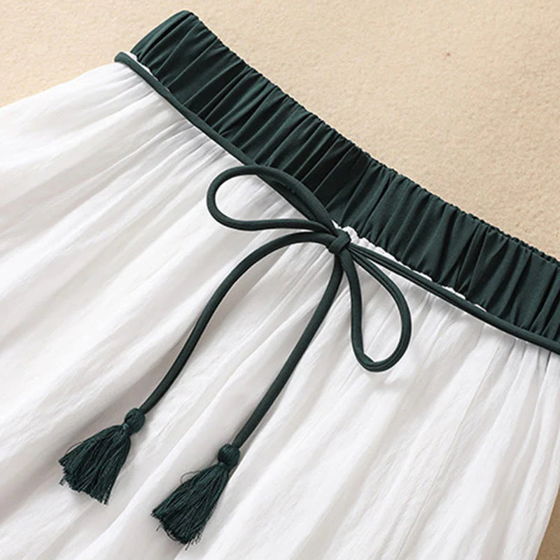 Buddha Stones Casual Contrasting Color Pleated Lace-Up Design Women's Cotton Linen 7-8 Length Skirt