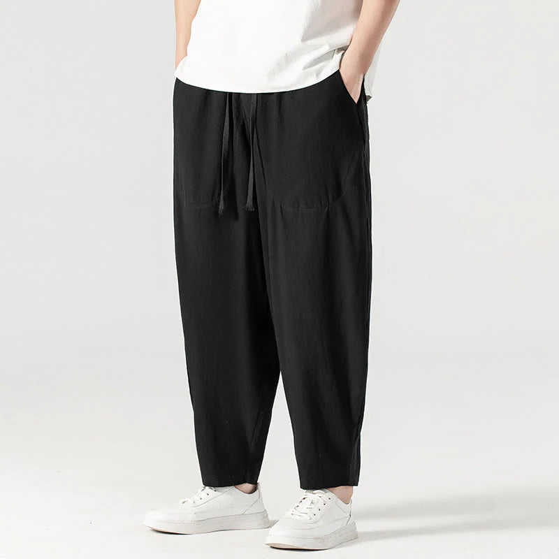 Buddha Stones Spring Fall Solid Color Drawstring Men's Ankle-Length Harem Pants With Pockets