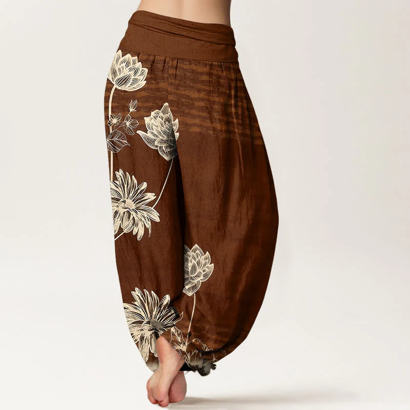 Buddha Stones Lotus High Waist Design Women's Harem Cotton Pants