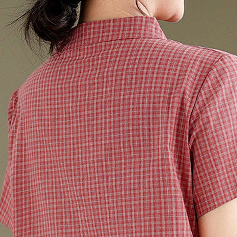 Buddha Stones Plaid Short Sleeve Frog-Button Design Cotton Linen Improved Cheongsam Midi Dress