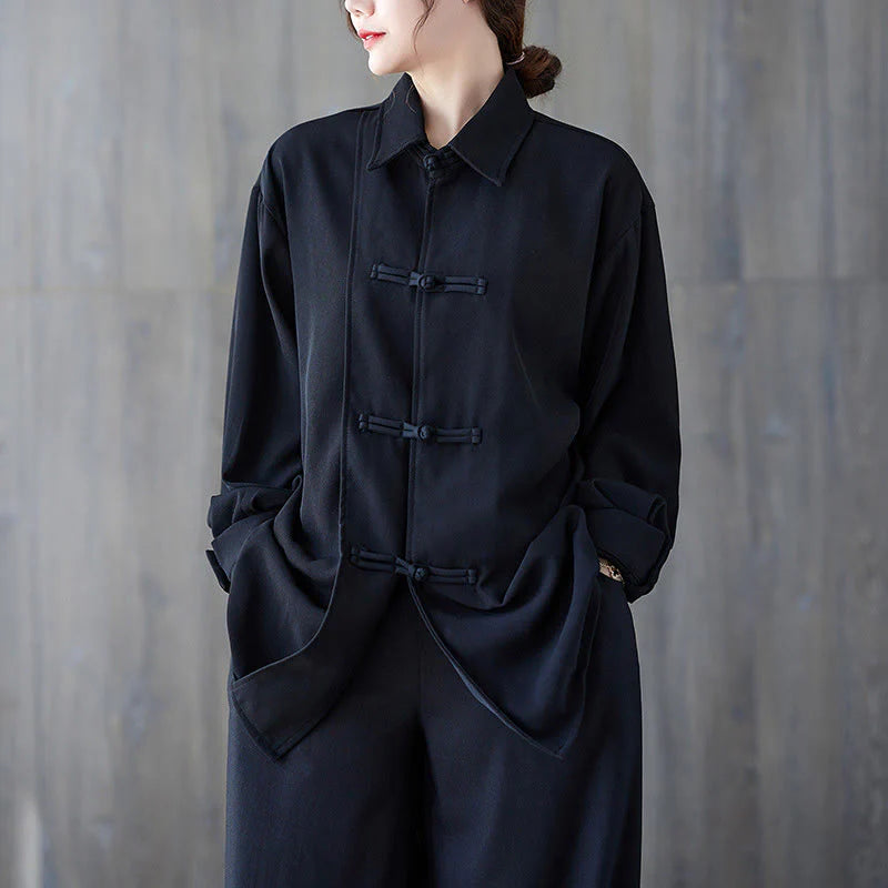 Buddha Stones Black Plain Frog-Button Lapel Women's Cotton Long Sleeve Shirt