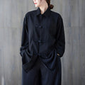 Buddha Stones Black Plain Frog-Button Lapel Women's Cotton Long Sleeve Shirt