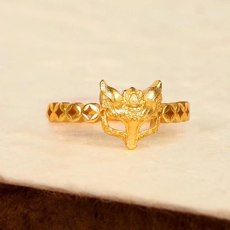 Buddha Stones 24k Gold Plated Brass Fox Coin Hollow Design Adjustable Ring