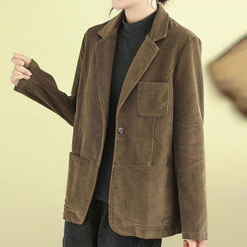 Buddha Stones Retro Plain Women's Long Sleeve Corduroy Jacket With Pockets