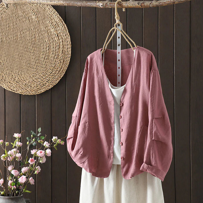 Buddha Stones Pure Color V-neck Women's Cotton Jacket With Pockets