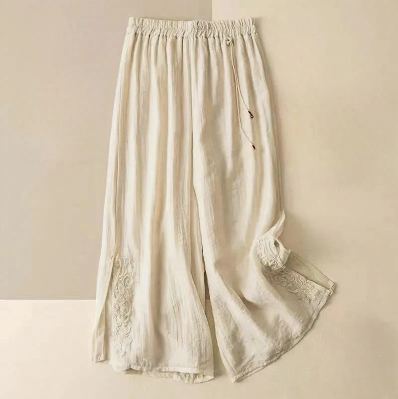 Buddha Stones Retro Casual Embroidery Design Drawstring Cotton Linen Women's Wide Leg Pants With Pockets