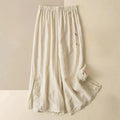 Buddha Stones Retro Casual Embroidery Design Drawstring Cotton Linen Women's Wide Leg Pants With Pockets
