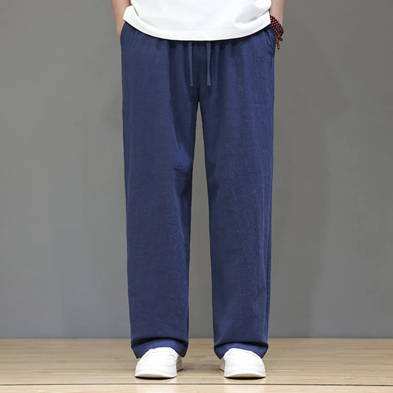 Buddha Stones Summer Men's Cotton Linen Straight Leg Pants With Pockets