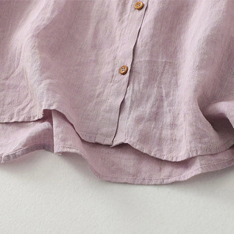 Buddha Stones Casual Plain Buttons Women's Cotton Linen Half Sleeve Shirt