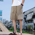 Buddha Stones Weaving Waist Rope Beads Cropped Linen Men's Shorts With Pockets