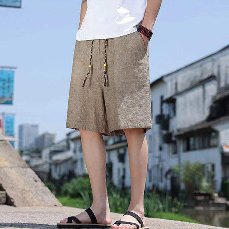 Buddha Stones Weaving Waist Rope Beads Cropped Linen Men's Shorts With Pockets