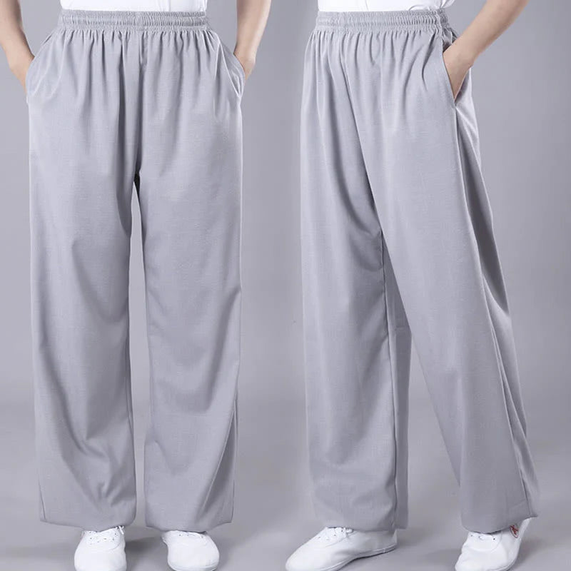 Buddha Stones Summer Unisex Elastic Waist Tai Chi Qigong Practice Breathable Cotton Linen Pants With Pockets