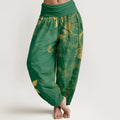 Buddha Stones Pure Cotton Softly Colored Leaves Pattern Women's Elastic Waist Harem Pants