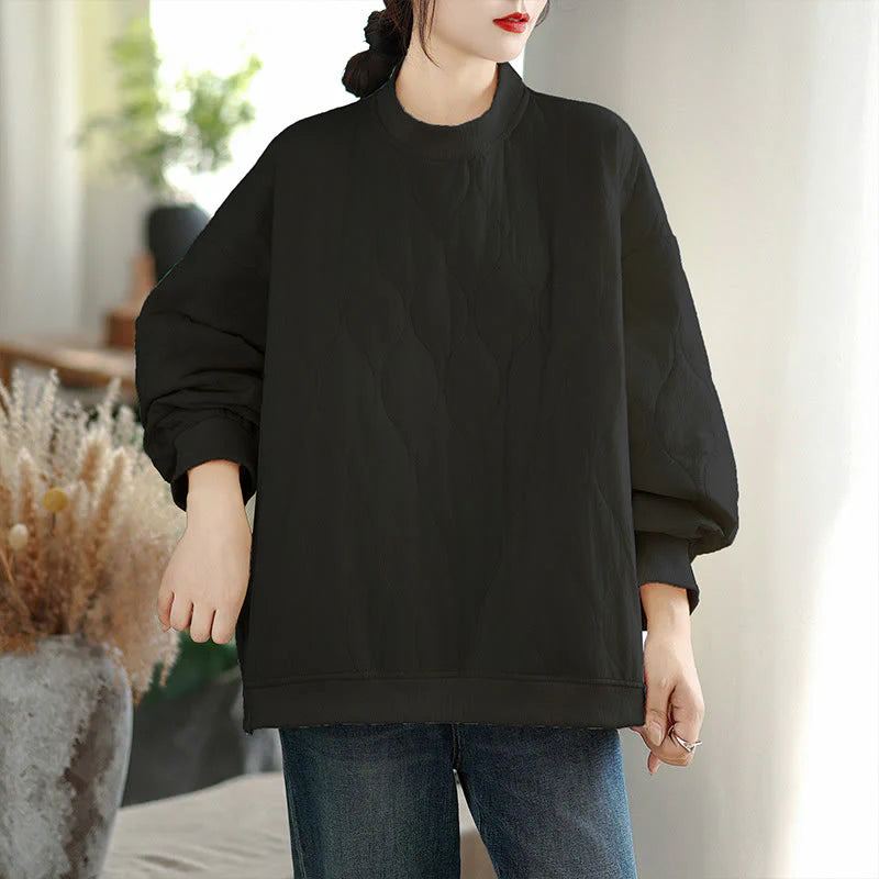 Buddha Stones Fall Solid Curved design Crew Neck Long Sleeve Women's Cotton Sweatshirt With Pockets