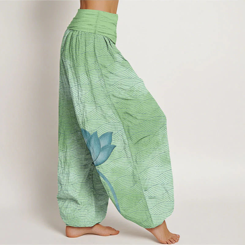 Buddha Stones Cotton Light Color Lotus Wavy Lines Pattern Women's Elastic Waist Harem Pants