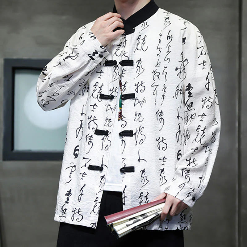 Buddha Stones Spring Fall Calligraphy Frog-Button Long Sleeve Men's Jacket