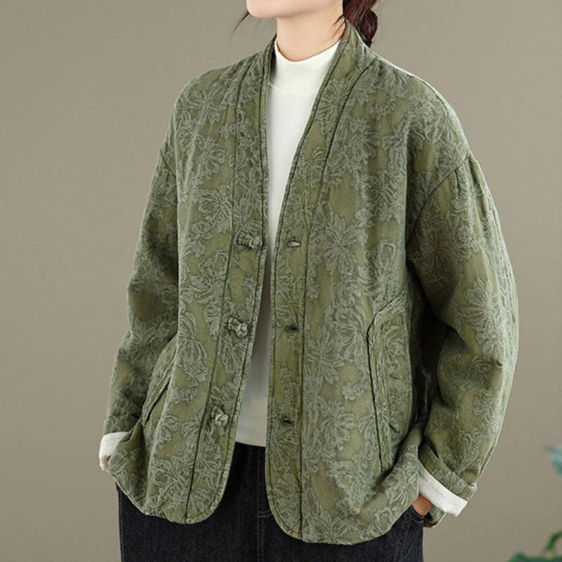 Buddha Stones Winter V-Neck Jacquard Frog-Button Cotton Long Sleeve Women's Thermal Jacket With Pockets