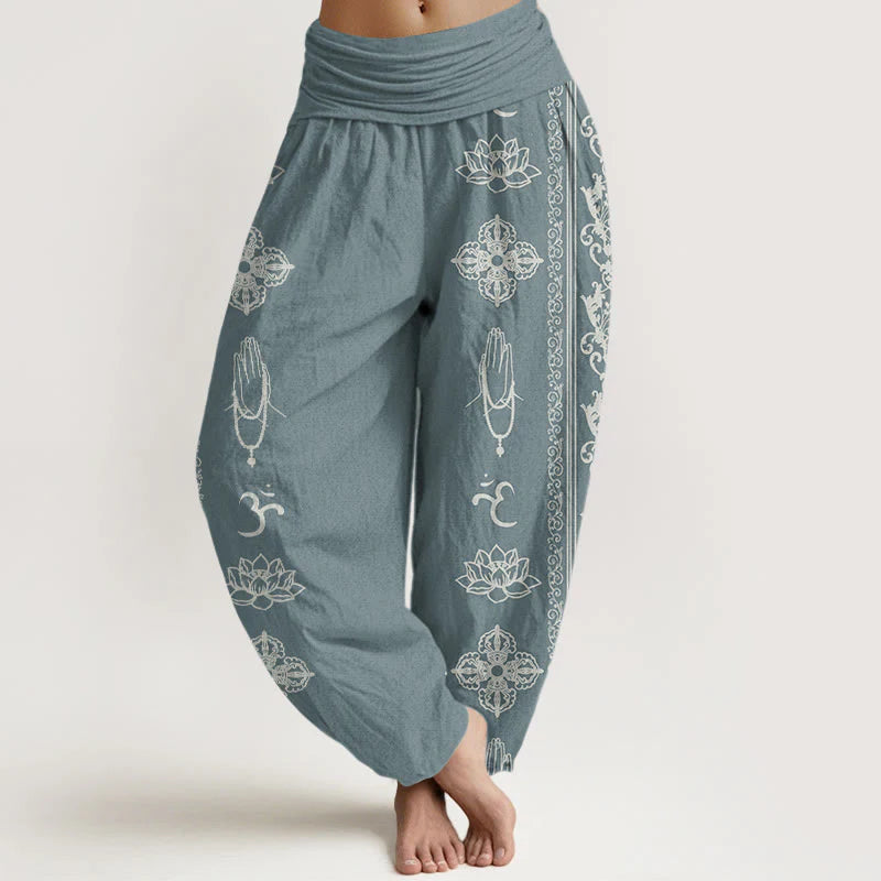 Buddha Stones Cotton Lotus Flowers Double Dorje Vajra Namaste Om Design Women's Elastic Waist Harem Pants
