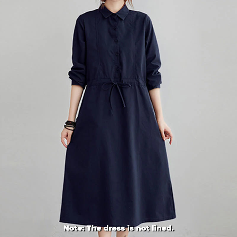 Buddha Stones Fall Solid Color Lace-Up Design Lapel Long Sleeve Cotton Midi Dress With Pockets