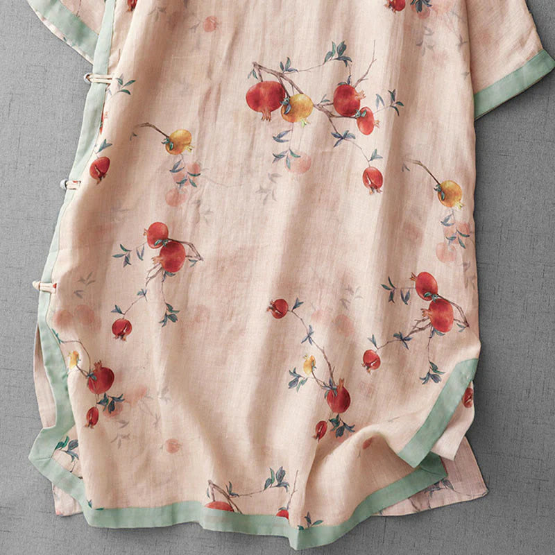 Buddha Stones Frog-Button Orchid Pomegranate Flowers Pattern Side Slit Design Half Sleeve Midi Dress