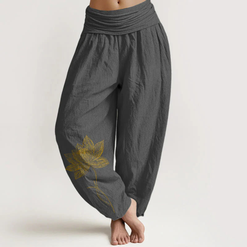 Buddha Stones Pure Cotton Elegant Lotus Flower Pattern Women's Elastic Waist Harem Pants