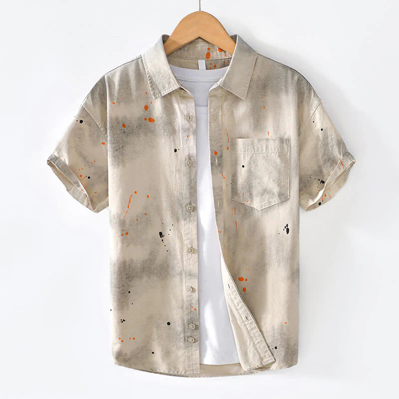 Buddha Stones Summer Ink Splashing Color Men's Button Short Sleeve Cotton Shirt