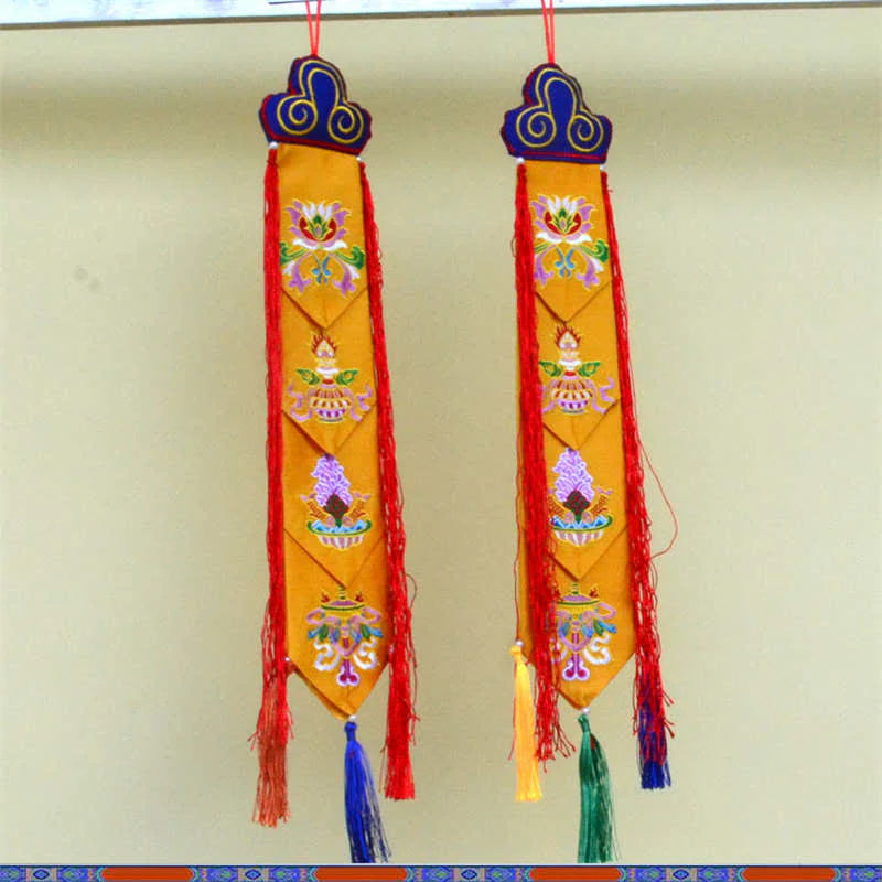Buddha Stones Lotus Flower Eight Auspicious Symbols Meditation Enlightenment Colorful Tassels Wall Art