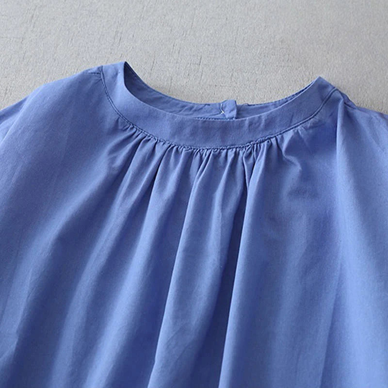 Buddha Stones Casual Pure Color Back Buttons Design Crew Neck Short Sleeve Cotton Linen Midi Dress With Pockets