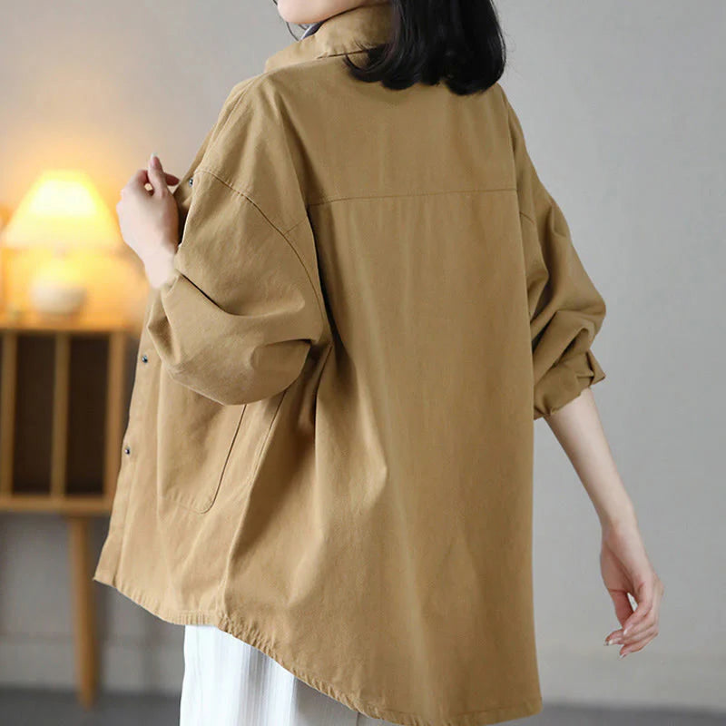 Buddha Stones Vintage Casual Pure Color Lapel Women's Cotton Jacket With Pockets