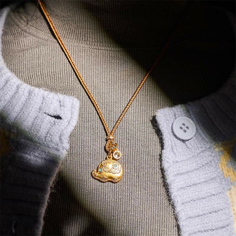 Buddha Stones 24k Gold Plated Brass Elephant Symbol Braided Cord Strength Necklace Pendant