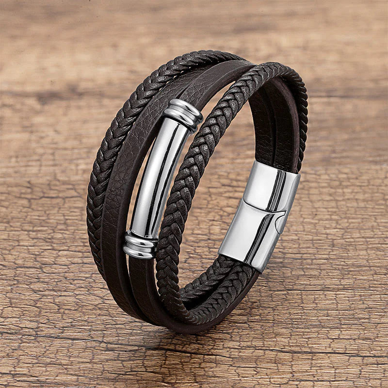 Buddha Stones Multi-layered Simple Design Leather Titanium Steel Balance Bracelet