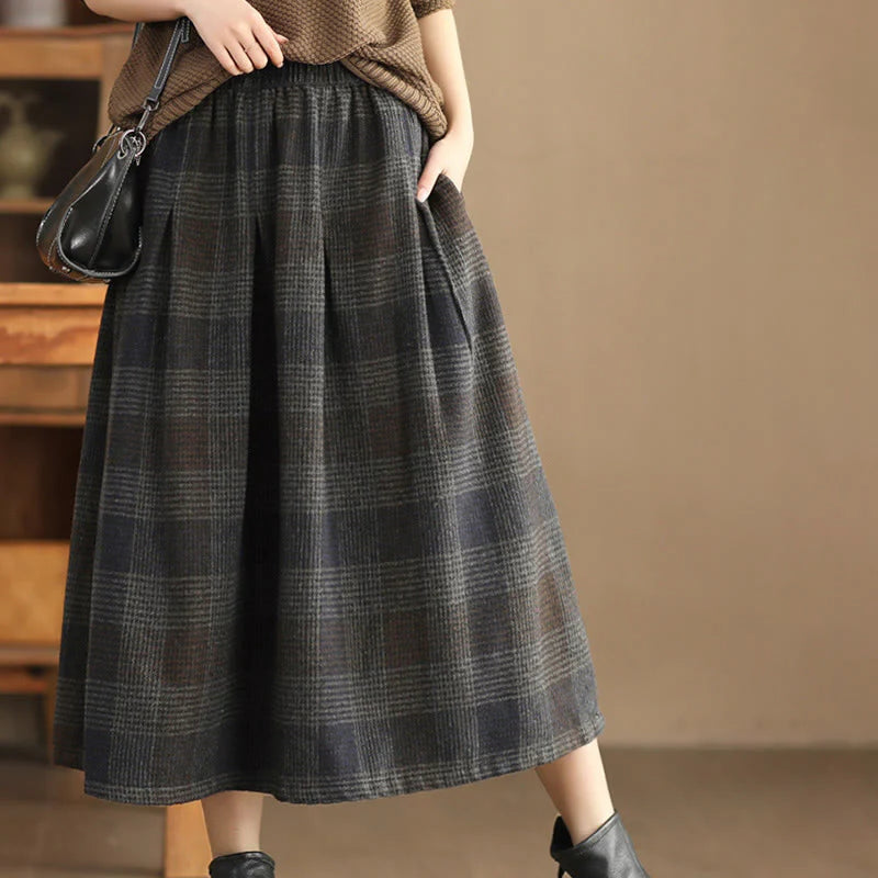 Buddha Stones Women's Winter Plaid Pattern Cotton Thermal 7-8 Length Skirt With Pockets