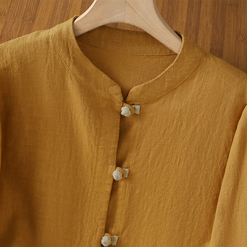 Buddha Stones Color Contrast Design Chinese Frog-Button Long Sleeve Women's Linen Shirt