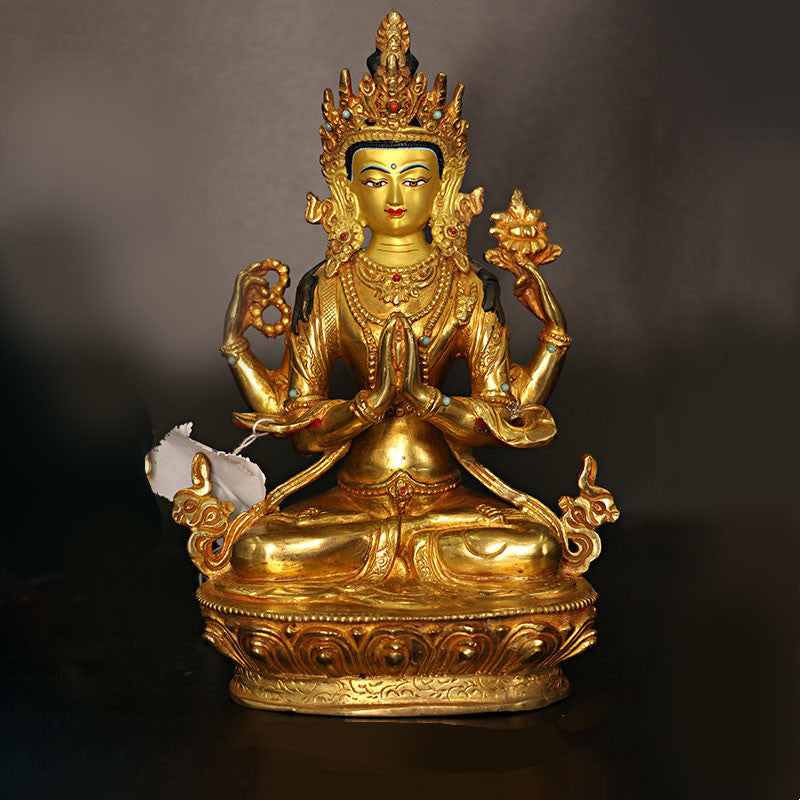 Buddha Stones Bodhisattva Tara Chenrezig Four-armed Avalokitesvara Protection Copper Gold Plated Statue Decoration