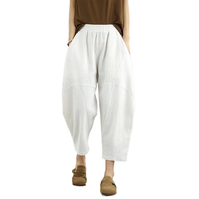 Buddha Stones Spring 7-8 Length Solid Color Women's Cotton Linen Harem Pants With Pockets