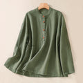 Buddha Stones Casual Buttons Crew Neck Cotton Women's Long Sleeve Shirt With Pockets