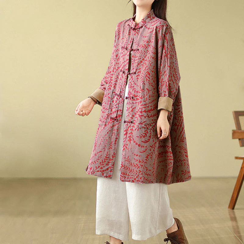 Buddha Stones Frog-button Vine Leaves Women's Coat With Pockets