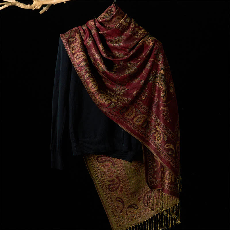 Buddha Stones Spring Maroon Cashew Flower Floral Leaf Pattern Tassel Soft Scarf Shawl