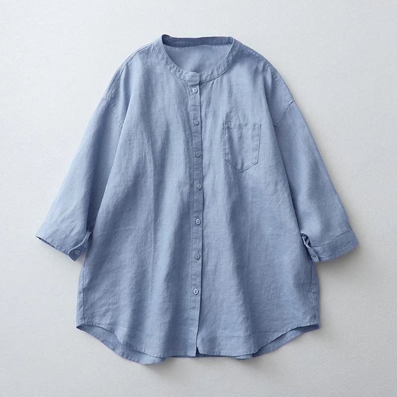 Buddha Stones Solid Color Button Three Quarter Sleeve Shirt