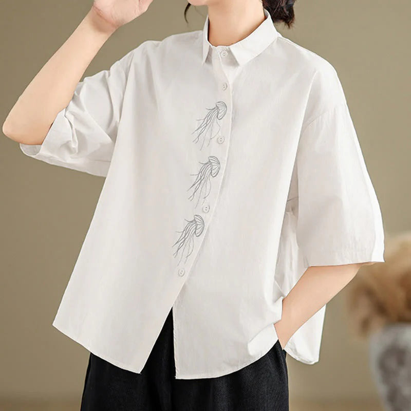 Buddha Stones Casual Women's Embroidered Jellyfish Pattern Stand Collar Buttons Design Half Sleeve Cotton Shirt