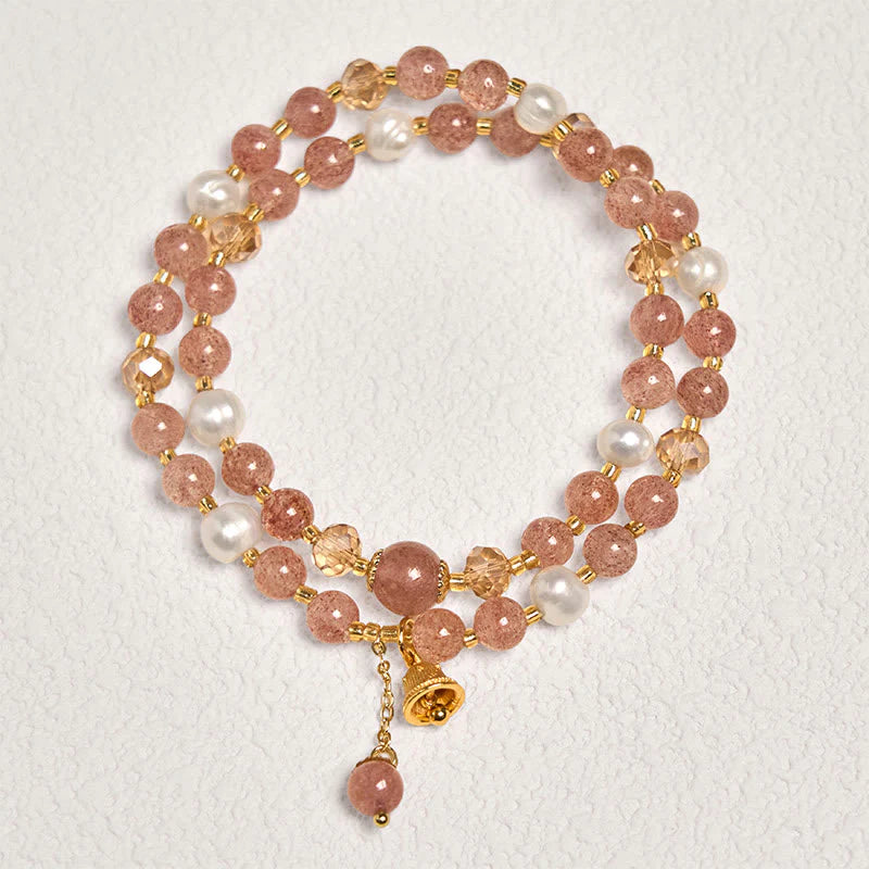 Buddha Stones Natural Strawberry Quartz Pearl Bell Healing Double Wrap Bracelet