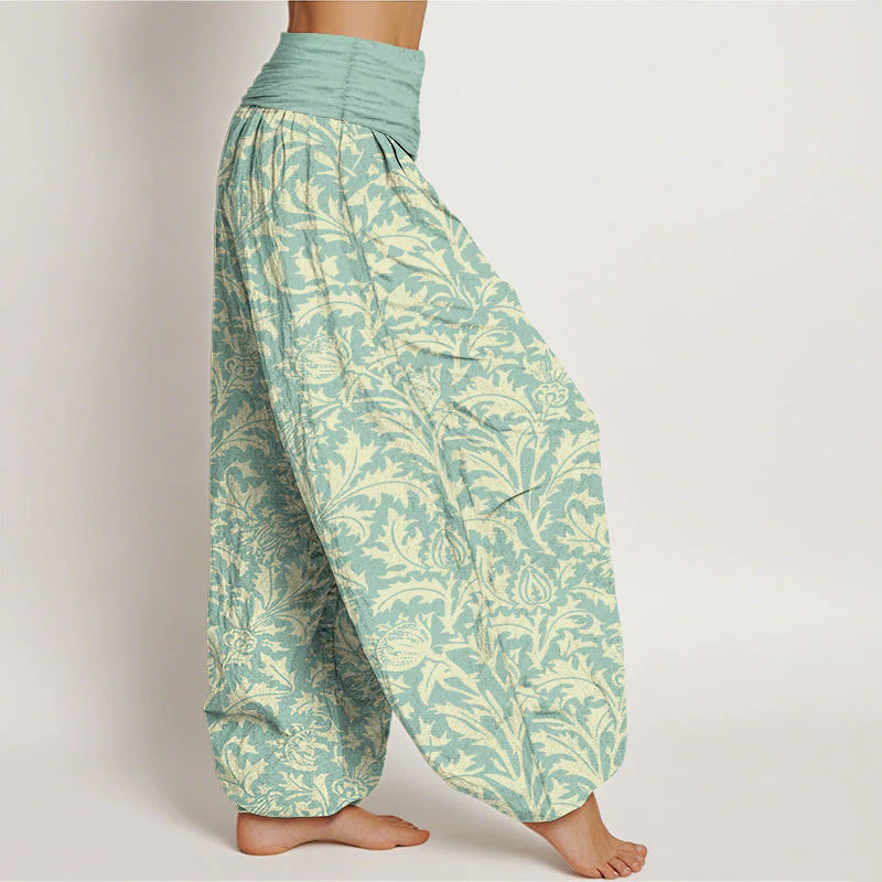 Buddha Stones Cotton Flowers Buds Serrated Leaves Pattern Women's Elastic Waist Harem Pants