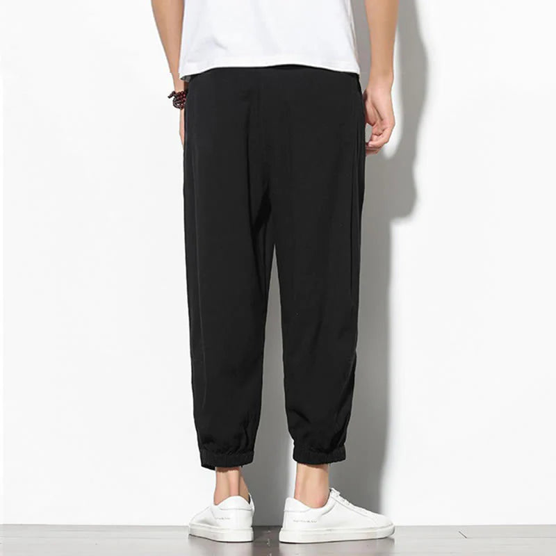 Buddha Stones Summer Men's 7-8 Length Cotton Linen Carrot Pants With Pockets