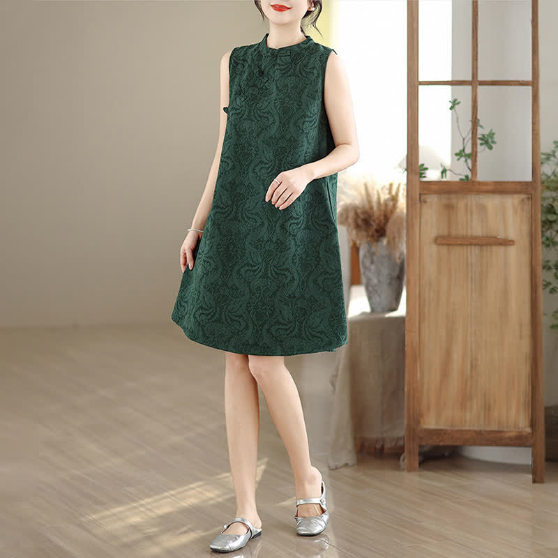 Buddha Stones Mandarin Collar Frog-button Jacquard Pattern Sleeveless Cotton Mini Dress With Pockets